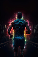 Rear view of the running man surrounded by colorful energy lights and rays, blurred motion. Photorealistic generative art