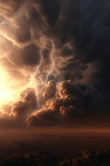 Stormy clouds with lightnings, aerial view. Generative art