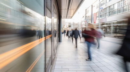 Blurred people at the street of modern business quarter. Photorealistic generative art.