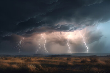 Naklejka na ściany i meble Stormy clouds with lightnings. Dramatic landscape, generative art