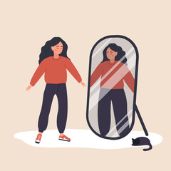Eating disorder. Slim woman looking herself fat in mirror and feel insecure human. Rejection of yourself. Bulimia or anorexia. Girl with mental problems. Vector illustration in flat cartoon style.