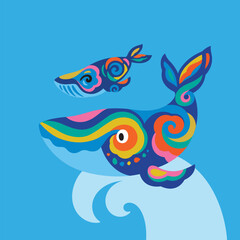 Mother whale with cute baby in the ocean. Vector design in tribal style