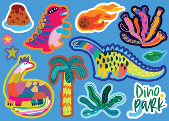 Obraz premium Dino Park. Big bright collection of stickers with dinosaurs, plants, comet and volcano