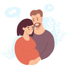 Happy family. Cute adult couple expecting baby. Pregnant woman and husband. Vector illustration. Future parents, pregnancy motherhood, parenthood concept.