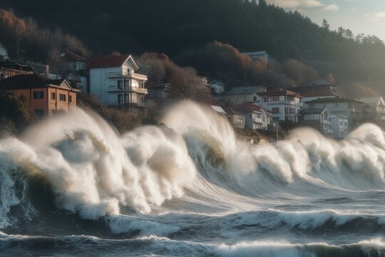 Large wave hitting coastal town and houses due to tsunami. Generative AI