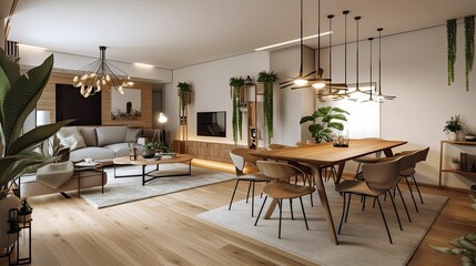 a cozy, rustic, and minimalistic dining room interior with modern design, Generative AI