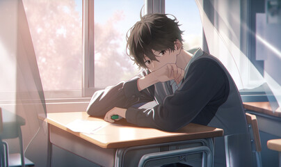 Fototapeta premium Male student sitting at a desk in the classroom,Generative AI