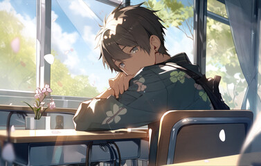 Fototapeta premium Male student sitting at a desk in the classroom,Generative AI