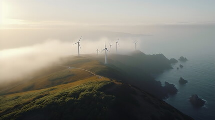 Fototapeta na wymiar coastal wind turbines on a on a foggy morning, with ocean from high angle drone shot, made with generative ai