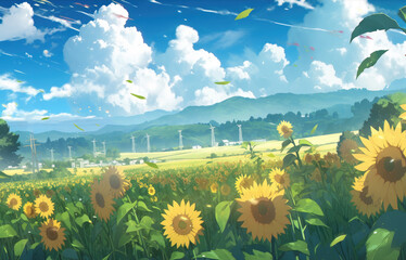 Sunflower field and summer blue sky, Generative AI