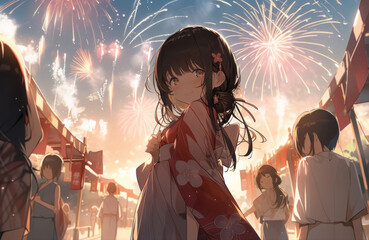 Fireworks shining in the night sky and a beautiful girl wearing a yukata, Generative AI