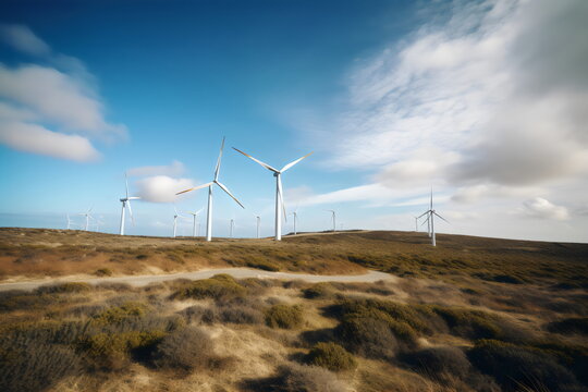 wind turbines against blue sky from low angle, made with generative ai