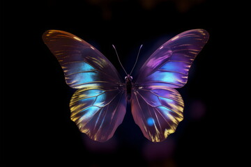 butterfly with transparent iridescent yellow and blue wings isolated on black background, made with generative ai