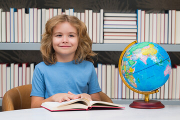 Little student school child. Portrait of nerd student with school supplies.