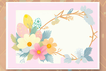 Greeting colorful Easter card with eggs and spring flowers