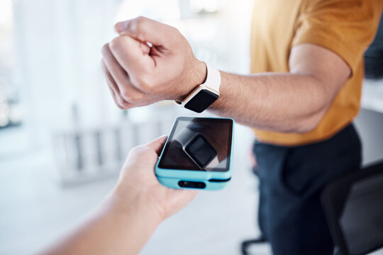 Digital, payment and smart watch with hands of people for finance, online banking and cashless. Technology, connection and pov of customer and machine for contactless, transaction and connection