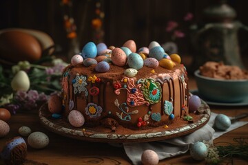 Fototapeta na wymiar A cake decorated with Easter eggs. Generative AI