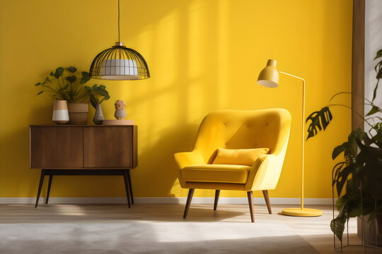 interior design yellow room with chair, rug, plant, lamp, pendant light, wood cabinet, light through window, photographic background, made with generative ai