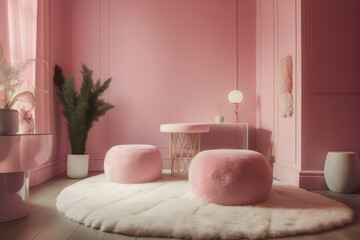 interior design pastel pink room with chair, rug, wall, plant, pendant light, light through window, photographic background, made with generative ai