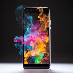 Smartphone with colourful smokes in mobile screen