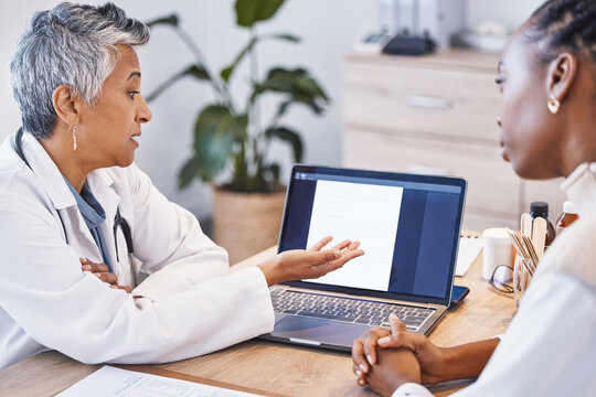 Showing Results, Talking And A Doctor With A Black Woman For Notes, Plan And Strategy For Health. Discussion, Help And A Mature Female Gp Speaking To An African Patient About Medical Progress