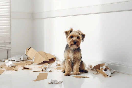 Dog sitting between destroyed cardboard box package. Generative AI illustration