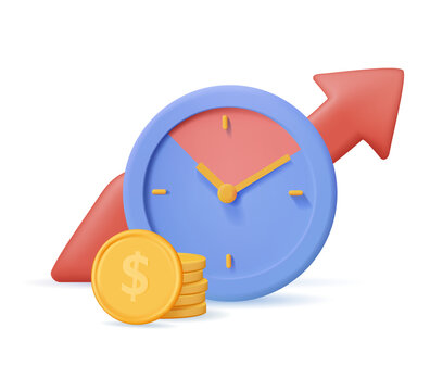 3D investment and income revenue icon. Clock and growth arrow graph Investing money to grow in time concept. Financial profit, Money increasing success 3D render vector