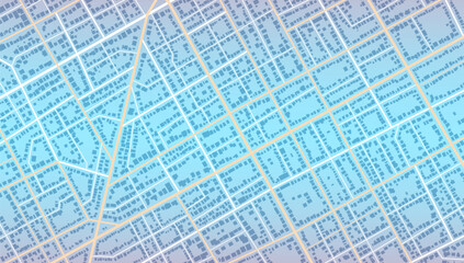 Blue city area, background map, streets. Skyline urban panorama. Cartography illustration. Widescreen proportion, digital flat design streetmap.