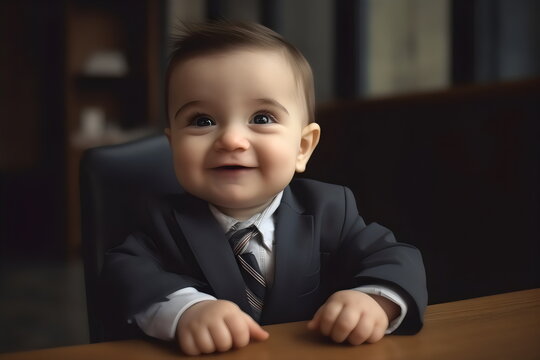 cute business baby boy in gray suit working at desk in office, made with generative ai