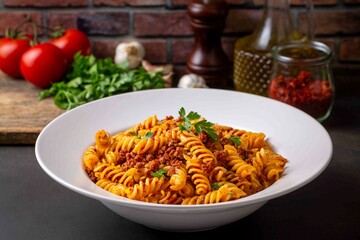 Fusilli pasta, spiral or spirali pasta with tomato, minced sauce - Italian food style