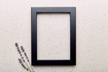 Empty interior black wall frame mockup, template with lavender. Aesthetic minimalist eco-friendly concept background.