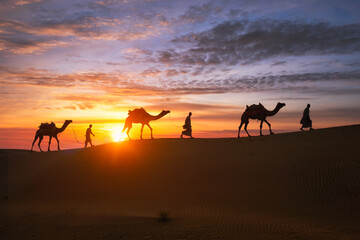 Fototapeta na wymiar Indian cameleers camel driver with camel silhouettes in dunes on sunset. Jaisalmer, Rajasthan, India