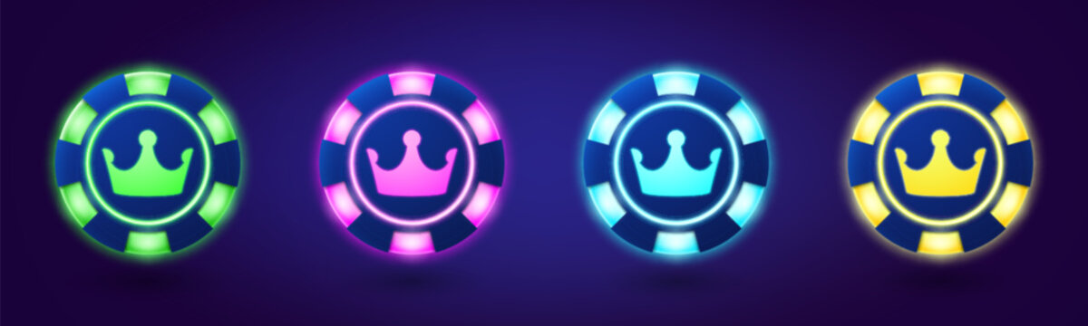 Neon poker game chips with crown light vector. Isolated 3d led chips icon in green, pink, blue and yellow set for Vegas online app. Vip gambling currency token wealth for blackjack digital design