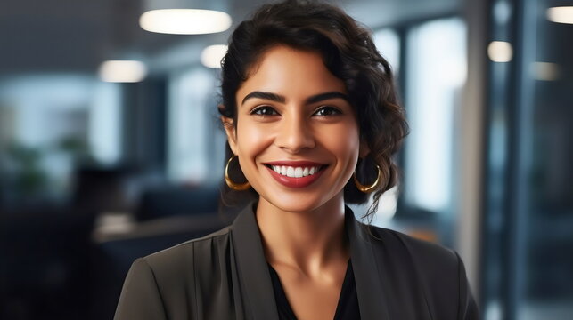 portrait of latina business woman at work wearing a suit, smiling to camera in office, made with generative ai