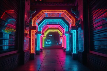 Archway with bright neon colors. Generative AI