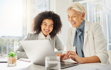 Office laptop, happy diversity people and mentor training onboarding woman on company system,...