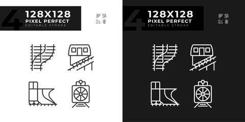 Railway vehicle pixel perfect linear icons set for dark, light mode. Railroad car. Train transport. Locomotive engine. Thin line symbols for night, day theme. Isolated illustrations. Editable stroke