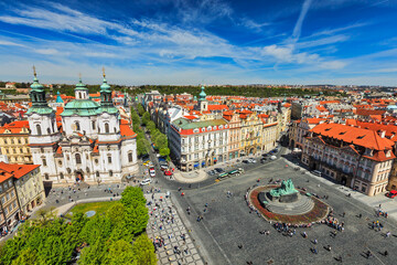 View of Stare Mesto Square Old City Square and St. Nicholas Church from Town Hall - obrazy, fototapety, plakaty