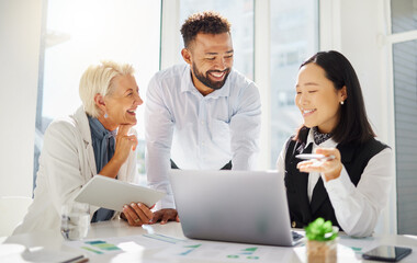 Diversity, laptop and business people laugh, happy and review online chart, graphs or company...
