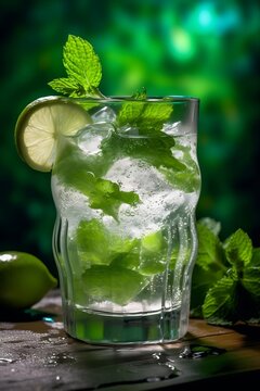 Mojito cocktail with lime and mint in glass on a table over green nature background. Refreshing drink close-up. Summer beverage with ice. Image is AI generated.