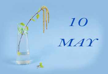 Calendar for May 10: a birch branch in a glass vase on a blue background, the name of the month May in English, the numbers 10