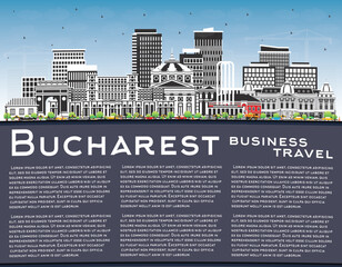 Bucharest Romania City Skyline with Color Buildings, Blue Sky and Copy Space. Vector Illustration. Bucharest Cityscape with Landmarks.