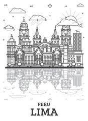 Obraz premium Outline Lima Peru City Skyline with Historic Buildings and Reflections Isolated on White. Lima Cityscape with Landmarks.
