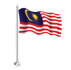 Malaysian Flag. Isolated Realistic Wave Flag of Malaysia Country on Flagpole.