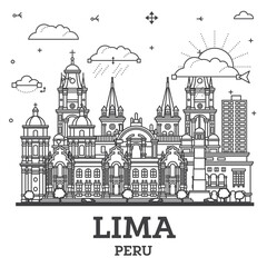 Outline Lima Peru City Skyline with Modern and Historic Buildings Isolated on White. Lima Cityscape with Landmarks.