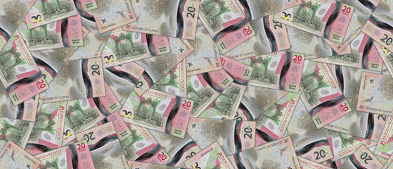 Financial mexican illustration. Wide seamless pattern. Randomly scattered banknotes of Mexico, denomination of 20 pesos. - obrazy, fototapety, plakaty