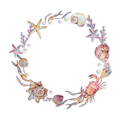 Round frame of watercolor seashells and underwater life elements