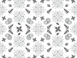 Seamless pattern based on ornament with paisley bandana print, neck scarf, fabric print, wallpaper. Black and white background