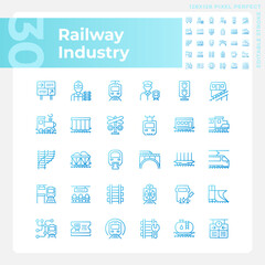 Railway industry pixel perfect gradient linear vector icons set. Railroad company. Rail transport. Train station. Thin line contour symbol designs bundle. Isolated outline illustrations collection