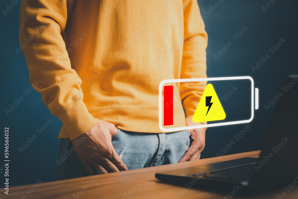 Poster No power battery. Man is angry and frustrated when he learns that his the laptop computer's battery is dead and did not bring the charger adapter. Concept of Technology and daily life of employee.